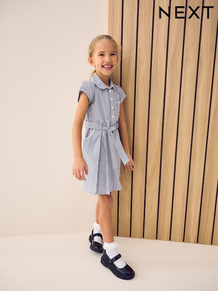 Navy Blue Gingham Rich Belted School Dress With Scrunchie (3-14yrs) (N12651) | £9 - £12