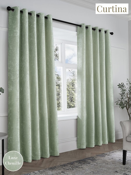 Curtina Green Textured Chenille Luxe Eyelet Curtains (N12988) | £60 - £125