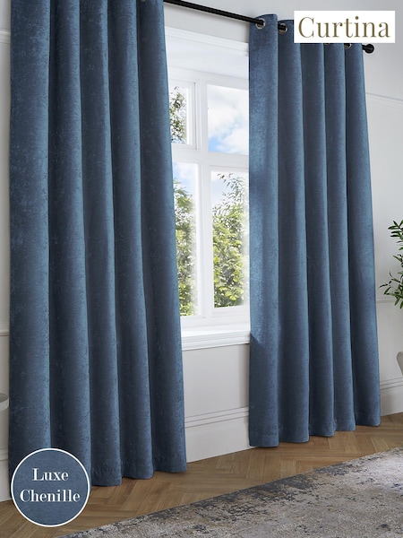 Curtina Blue Textured Chenille Luxe Eyelet Curtains (N12997) | £60 - £125