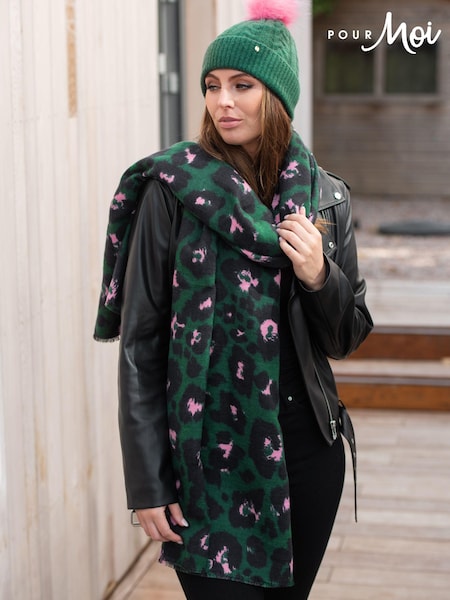 Pour Moi Green Oversized Leopard Print Supersoft Scarf (N13413) | £29
