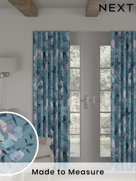 Blue Restore Floral Made to Measure 100% Cotton Curtains (N13639) | £61