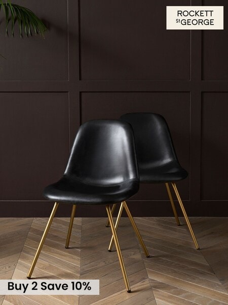 Rockett St George Set of 2 Timeless Faux Leather Black Gold Leg Curve Dining Chairs (N14144) | £250