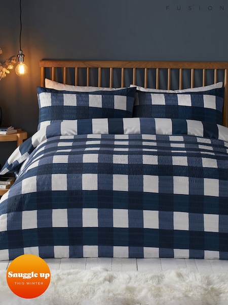 Fusion Blue Seersucker Gingham Check Brushed Duvet Cover Set (N14473) | £22 - £40