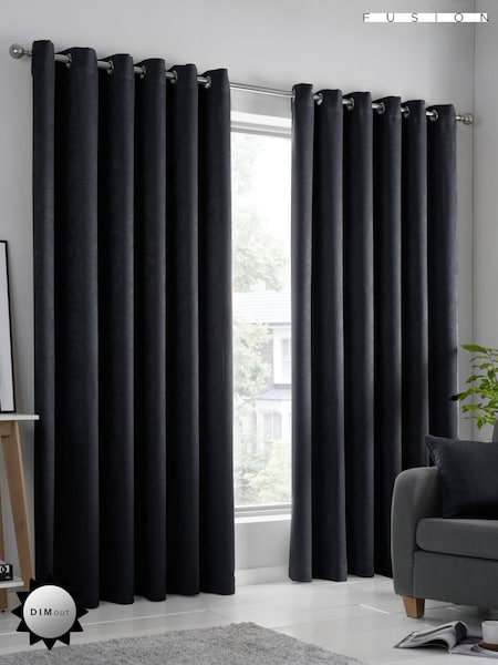 Fusion Black Strata Room Darkening Woven Pair of Eyelet Curtains (N14507) | £22 - £65