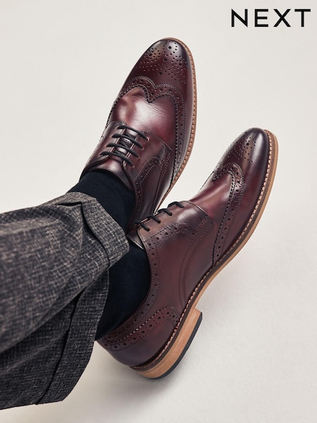 Burgundy Red Standard Fit Leather Contrast Sole Brogue Shoes (N15167) | £62