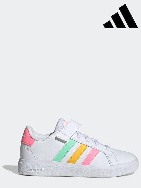 adidas White/Pink Grand Court Elastic Lace and Top Strap Trainers (N17123) | £28