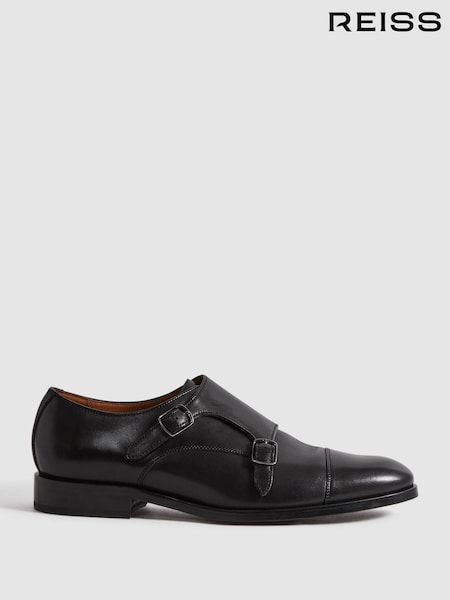 Reiss Black Amalfi Leather Double Monk Strap Shoes (N17295) | £198