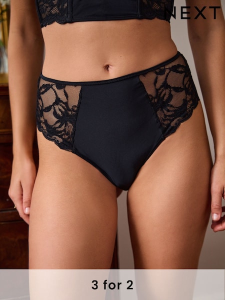 Black High Rise High Leg Floral Lace Knickers (N18804) | £12