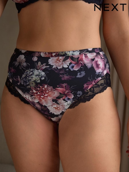Floral Print/Plum High Rise Lace Trim High Rise High Leg Knickers 2 Pack (N18812) | £20