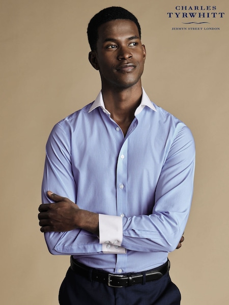 Charles Tyrwhitt Blue Non-iron Winchester Bengal Stripe Cutaway SF 100% Cotton Shirt (N18831) | £65
