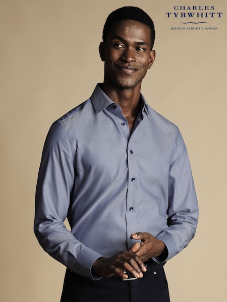 Charles Tyrwhitt Dark Blue Non-iron Twill With Printed Trim Slim Fit 100% Cotton Shirt (N18908) | £35
