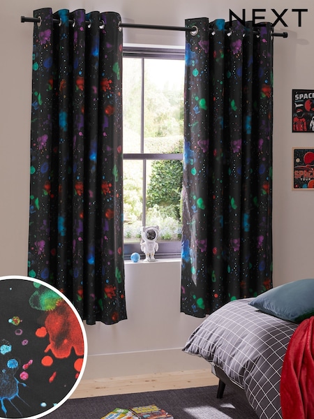 Black Splatter Eyelet Blackout Curtains (N20014) | £44 - £74