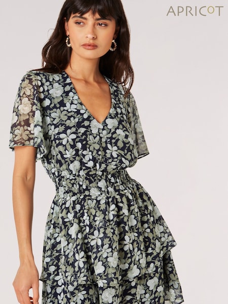 Apricot Blue Watercolour Rose Layered Mini Dress (N20167) | £39