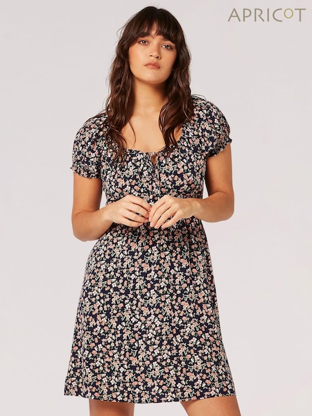 Apricot Blue/white Sketch Ditsy Mini Milkmaid Dress (N20624) | £35