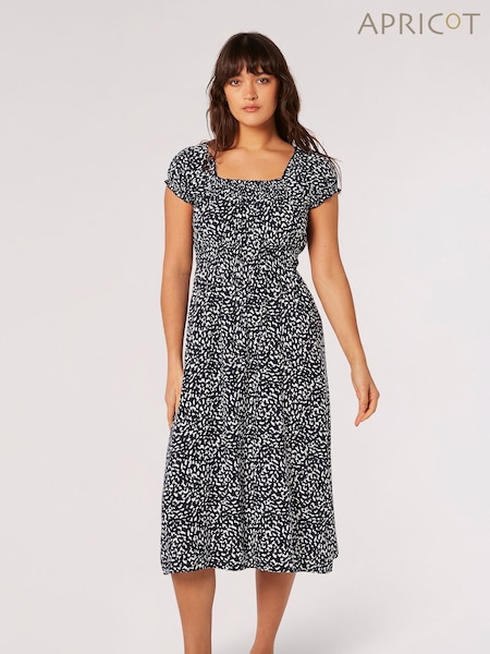 Apricot Blue Navy Brush Dot Milkmaid Midi Dress (N20644) | £35