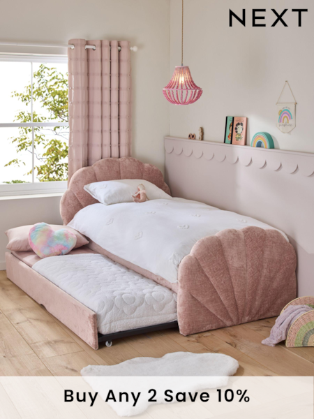 Plush Chenille Rose Pink Kids Shell Upholstered Trundle Bed (N21027) | £660