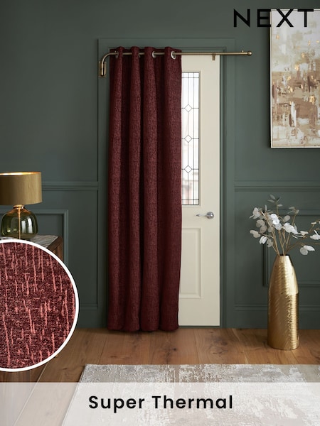Red Burgundy Heavyweight Chenille Super Thermal Eyelet Door Curtain (N21233) | £55 - £75