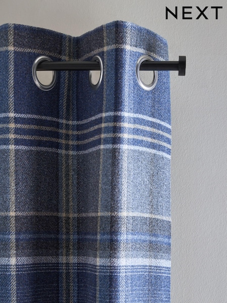 Blue Brushed Check Lined Eyelet Curtains (N21241) | £60 - £130