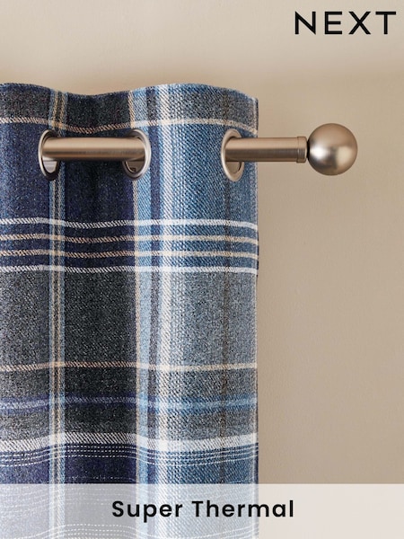Blue Brushed Check Super Thermal Eyelet Curtains (N21260) | £70 - £185