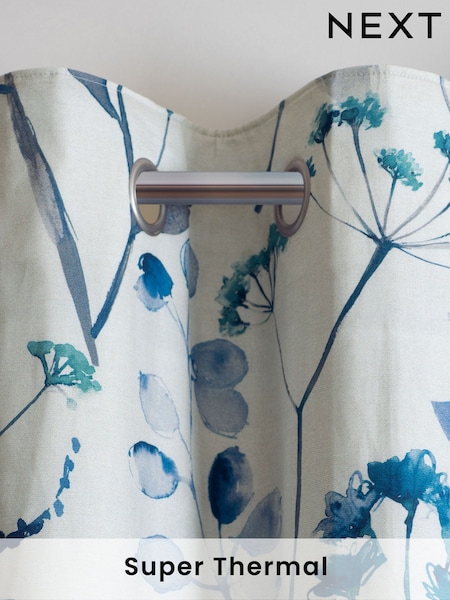Blue Isla Floral Print Super Thermal 100% Cotton Eyelet Curtains (N21278) | £55 - £130
