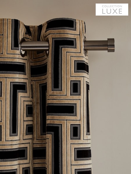 Black/Champagne Gold Collection Luxe Heavyweight Cut Velvet Geometric Eyelet Lined Curtains (N21294) | £200 - £400