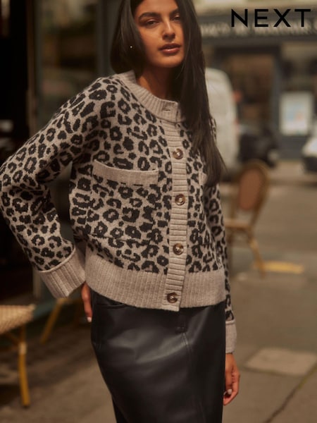 Neutral Brown Leopard Animal Soft Touch Button Up Pocket Knitted Cardigan (N21300) | £36