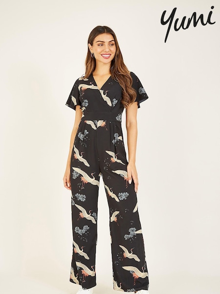Yumi Black Crane Print Jumpsuit (N22041) | £55