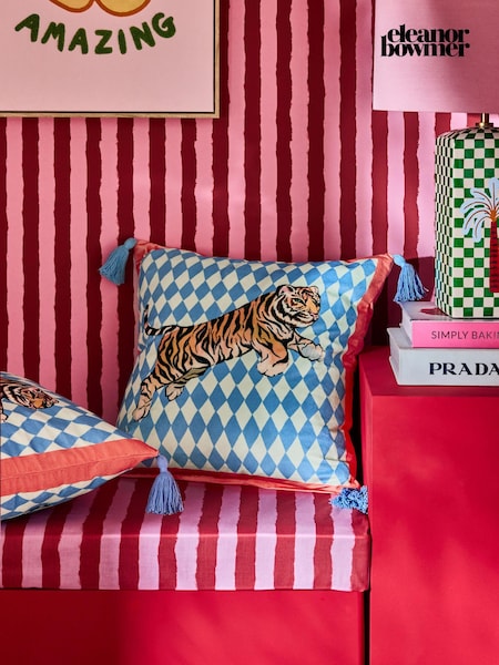 Eleanor Bowmer Blue Harlequin Velvet Tiger Cushion (N22172) | £26