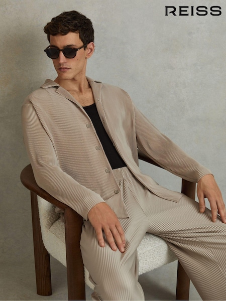 Reiss Champagne Icon Plisse Cuban Collar Shirt (N22870) | £78