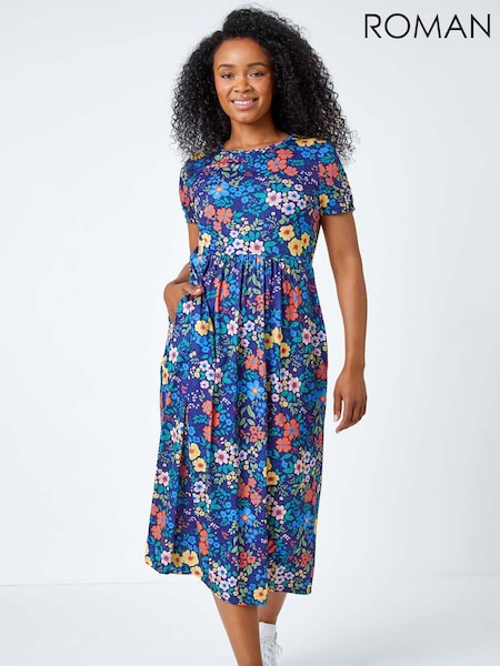 Roman Blue Floral Gathered Stretch Pocket Midi Dress (N23155) | £42
