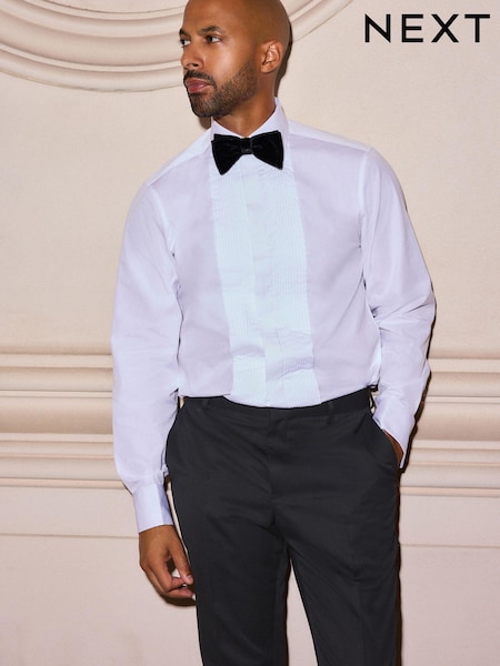 White Narrow Pleated Double Cuff 100% Cotton Dress Shirt With Cutaway Collar (N23266) | £42