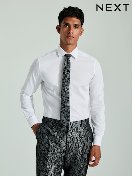 White/Black And Silver Textured Tie Slim Fit 100% Cotton Single Cuff Shirt And Tie Pack (N23281) | £14.50