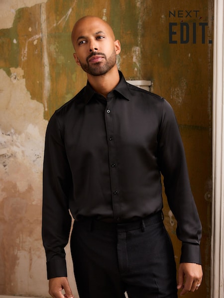 Black Regular Fit EDIT Satin Long Sleeve Shirt (N23402) | £28