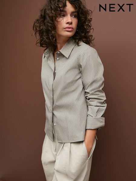 Khaki Green Stripe Fitted Collared Long Sleeve Shirt (N23544) | £20