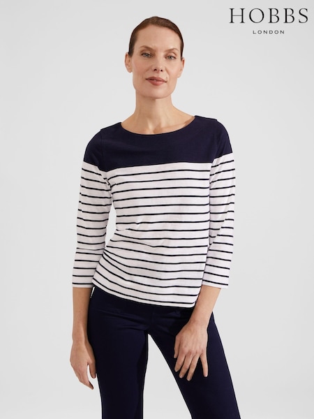 Hobbs White Striped Avia 100% Cotton T-Shirt (N23701) | £49