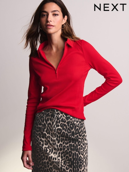Red Long Sleeve Collared Zip Top (N23907) | £25