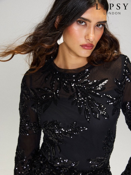Black - Lipsy Sequin Mesh Long Sleeve Top