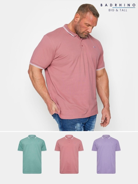 BadRhino Big & Tall Mineral Blue/Rose Pink/Violet Purple 100% Cotton Tipped Polo Shirts 3 Pack (N24476) | £45