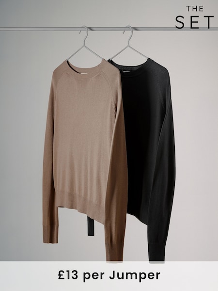 The Set Mink/Black 2 Pack Fine Knit Crew Neck Jumpers (N24793) | £24