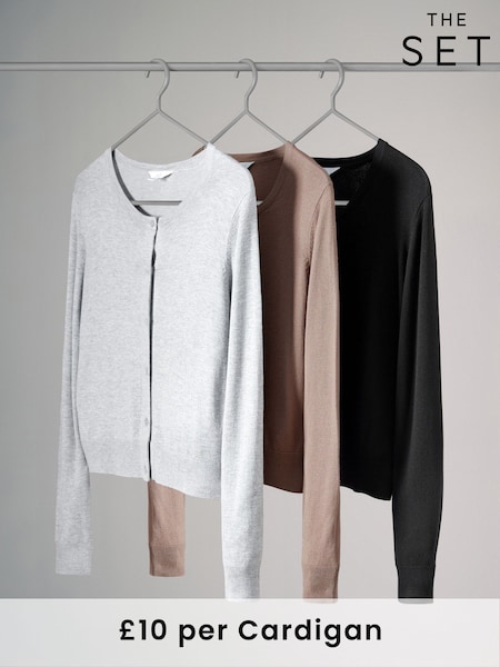 The Set Black/Grey Marl/Mink 3 Pack Fine Knit Button Through Cardigans (N24812) | £30