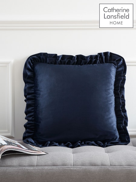 Catherine Lansfield Navy Blue So Soft Velvet Double Frill Cushion (N25657) | £18