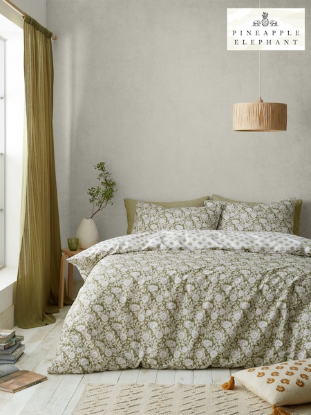 Pineapple Elephant Olive Green Tangier Floral Reversible Duvet Cover Set (N25955) | £17 - £34