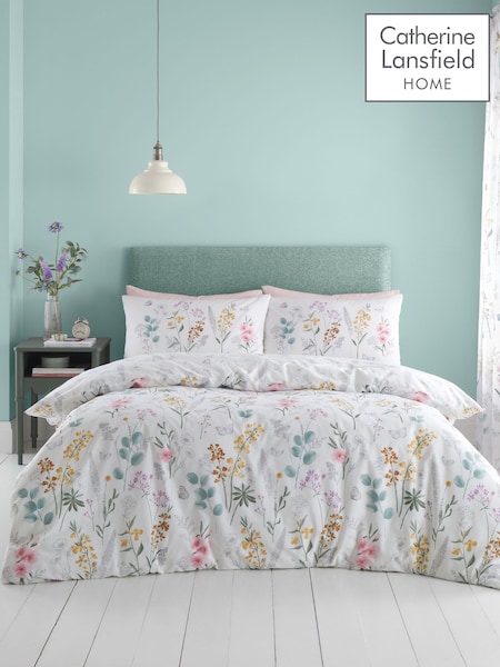 Catherine Lansfield White/Green Emilia Floral Reversible Duvet Cover Set (N25990) | £17 - £28