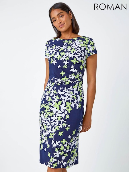 Roman Blue Floral Print Shift Stretch Dress (N26244) | £45