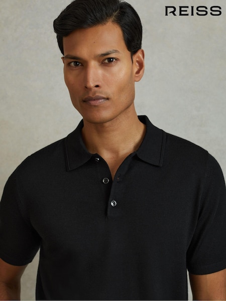 Reiss Black Manor Merino Wool Short-Sleeve Polo Shirt (N26729) | £88