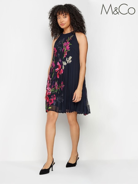 M&Co Navy Blue Petite Floral Print Pleated Dress (N26738) | £65