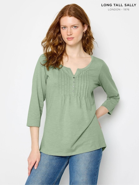 Long Tall Sally Green Floral Print 100% Cotton Henley Top (N26775) | £22