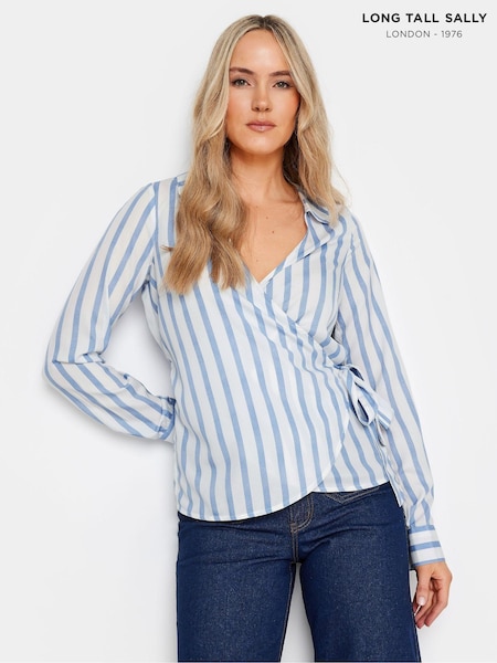 Long Tall Sally Blue & White Stripe Collared Wrap Top (N26788) | £31