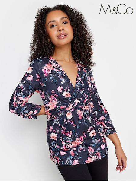 M&Co Blue Petite Floral Twist Front Top (N27005) | £31