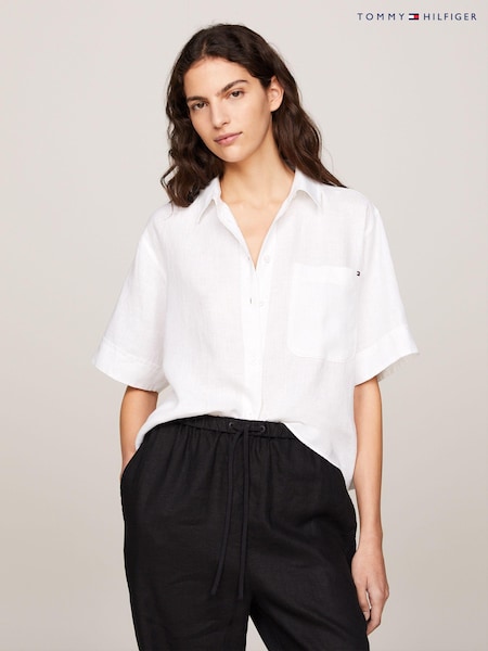Tommy Hilfiger White Short Sleeve 100% Linen Shirt (N28711) | £55